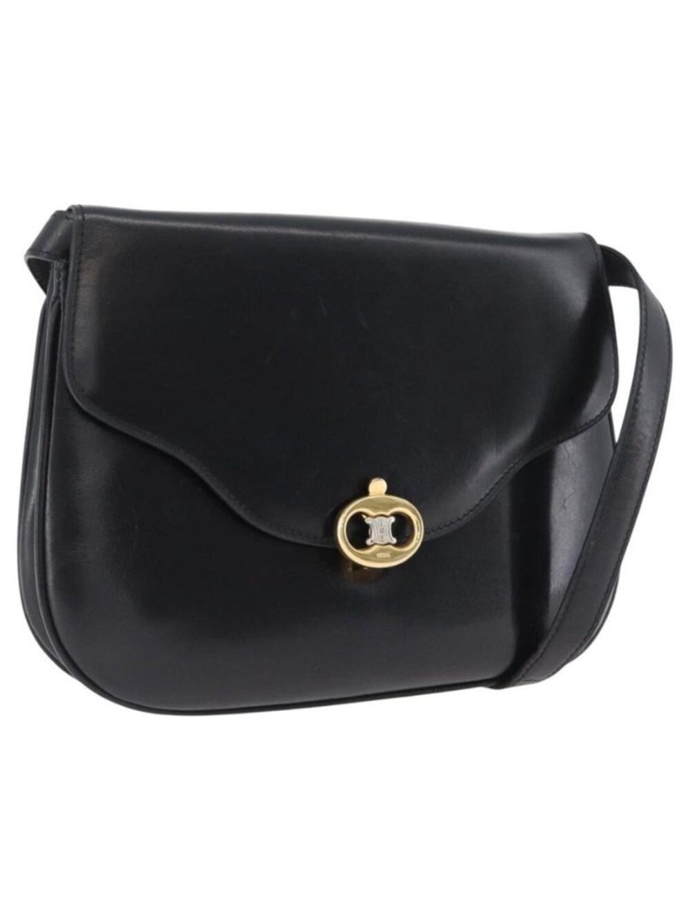 Authentic CELINE Shoulder Bag Leather Black Gold